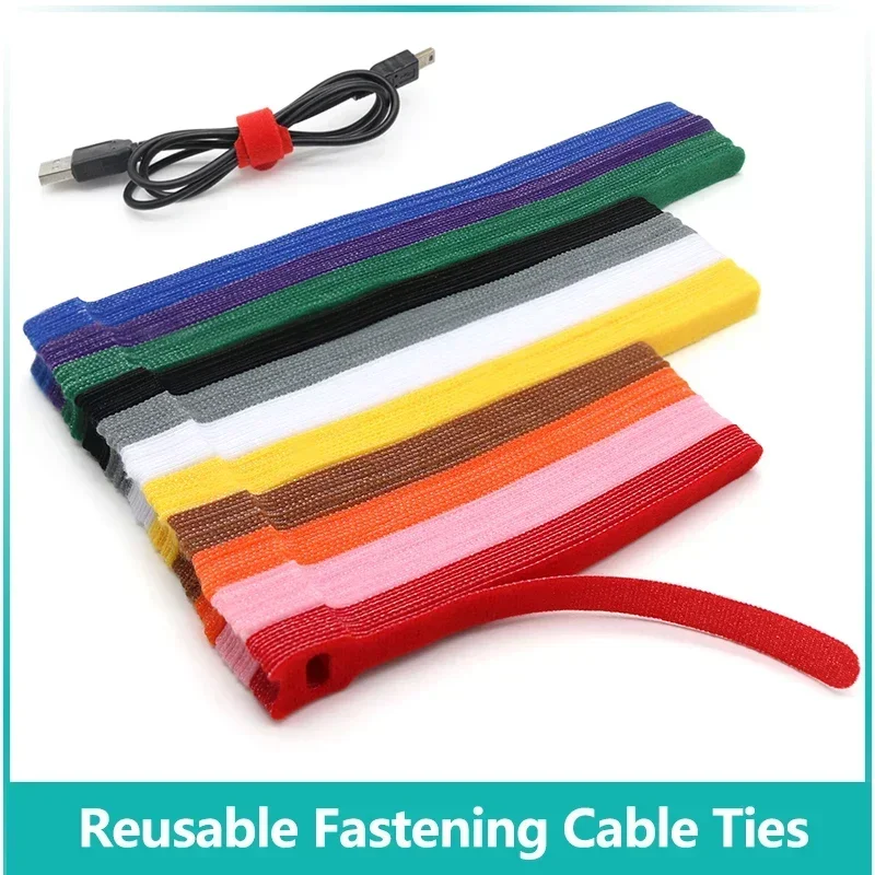 Releasable Cable Ties Wire Organizer Black 15 20 25 30cm Nylon Hook Loop Straps Wrap Zip Bundle Bandage Tie Plastics Fastening