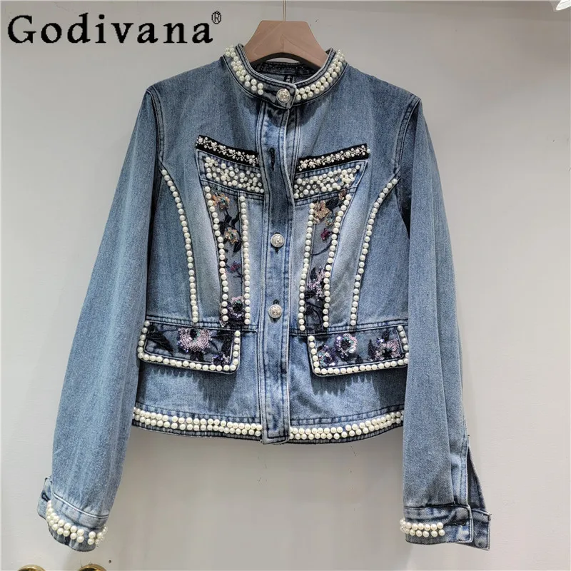 2025 Autumn New Heavy Industry Beaded Long-sleeved Denim Jacket Women's Loose Fashion Blue Versatile Short Turn-down Collar Top