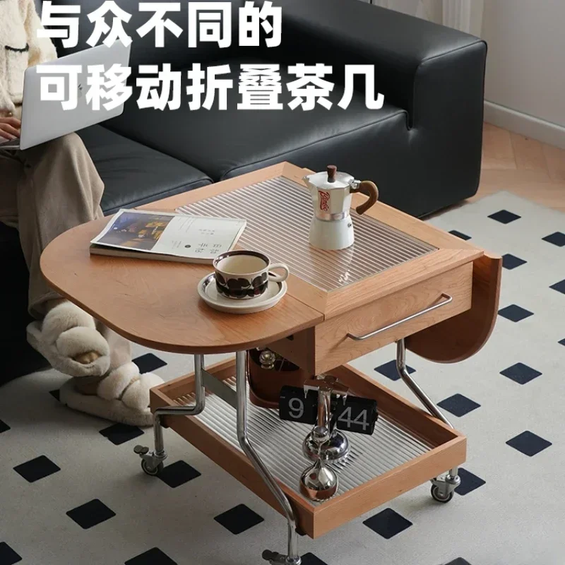 Furniture removable folding coffee table Nordic solid wood small apartment living room cherry wood sofa side few trolley