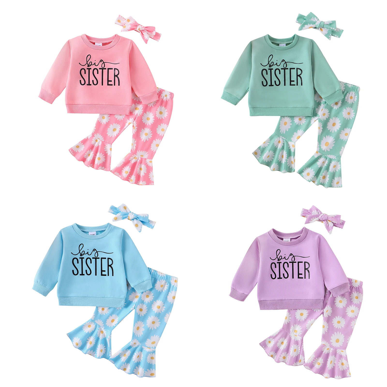 Baby Clothing Girls Outfits Letter Print Long Sleeve Sweatshirt and Daisy Print Flared Pants Headband Set Fall Clothes