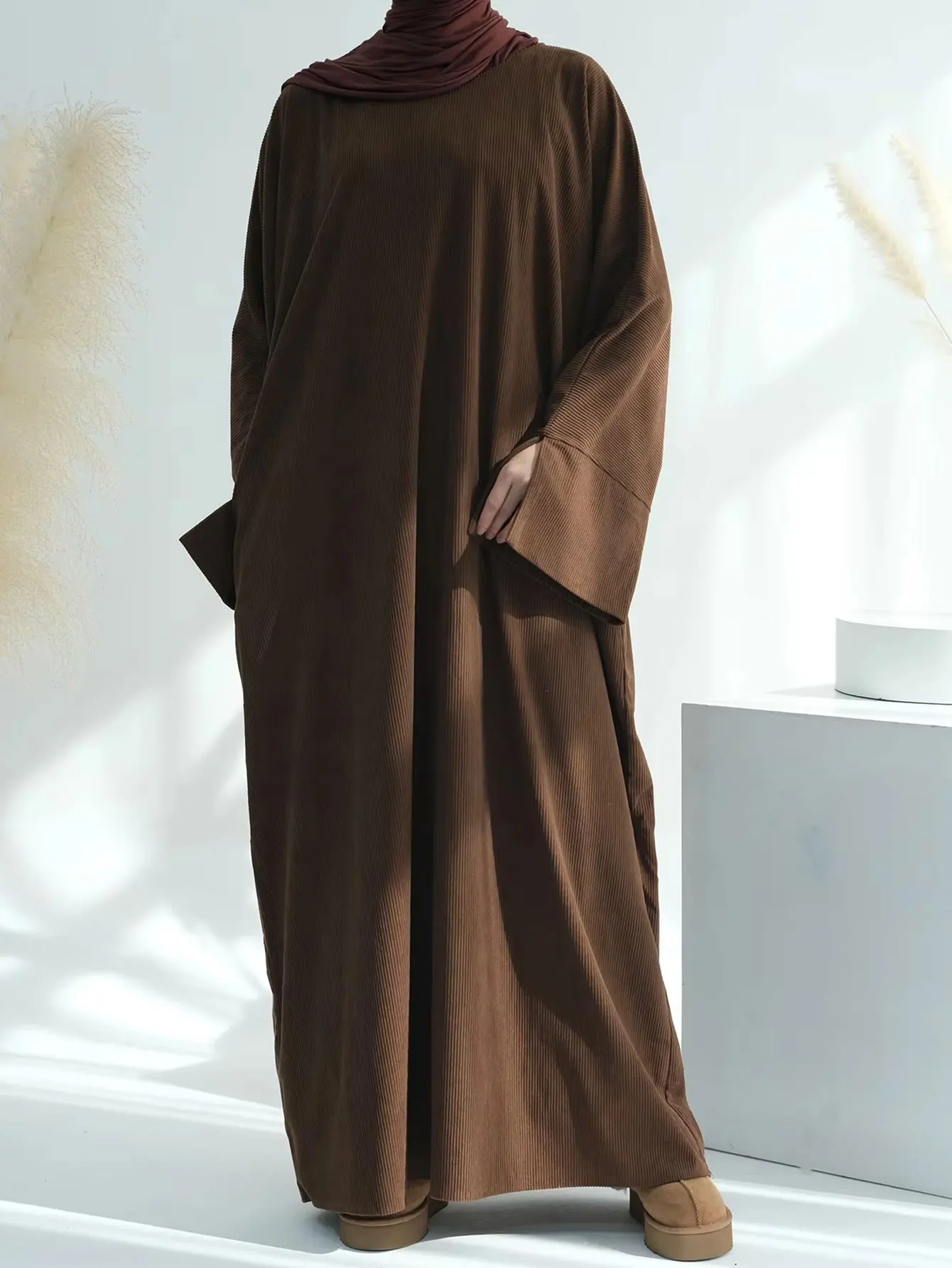 Corduroy Abaya Winter With Side Pockets Thick Warm Ramadan Islamic Clothing Muslim Women Long Sleeve Modest Dress Robes