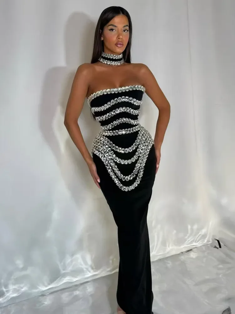

2025 Women Celebrity Sexy Backless Strapless Black Beading Maxi Long Bandage Bodycon Dress Elegant Evening Club Party Outfit