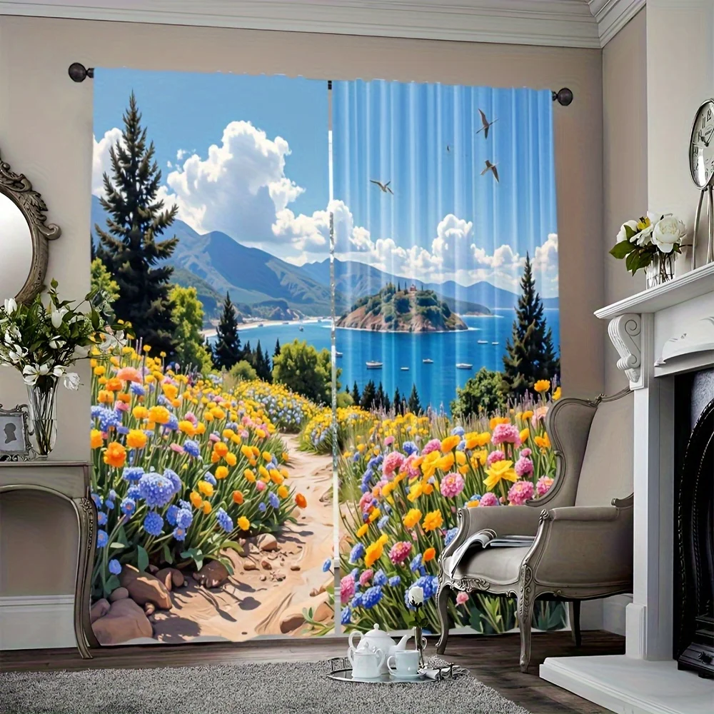 2pcs Seaside Flower Path & Coastal Landscape Blackout Curtains - 100% Polyester Machine Washable Rod Pocket Drapes for Bedroom,