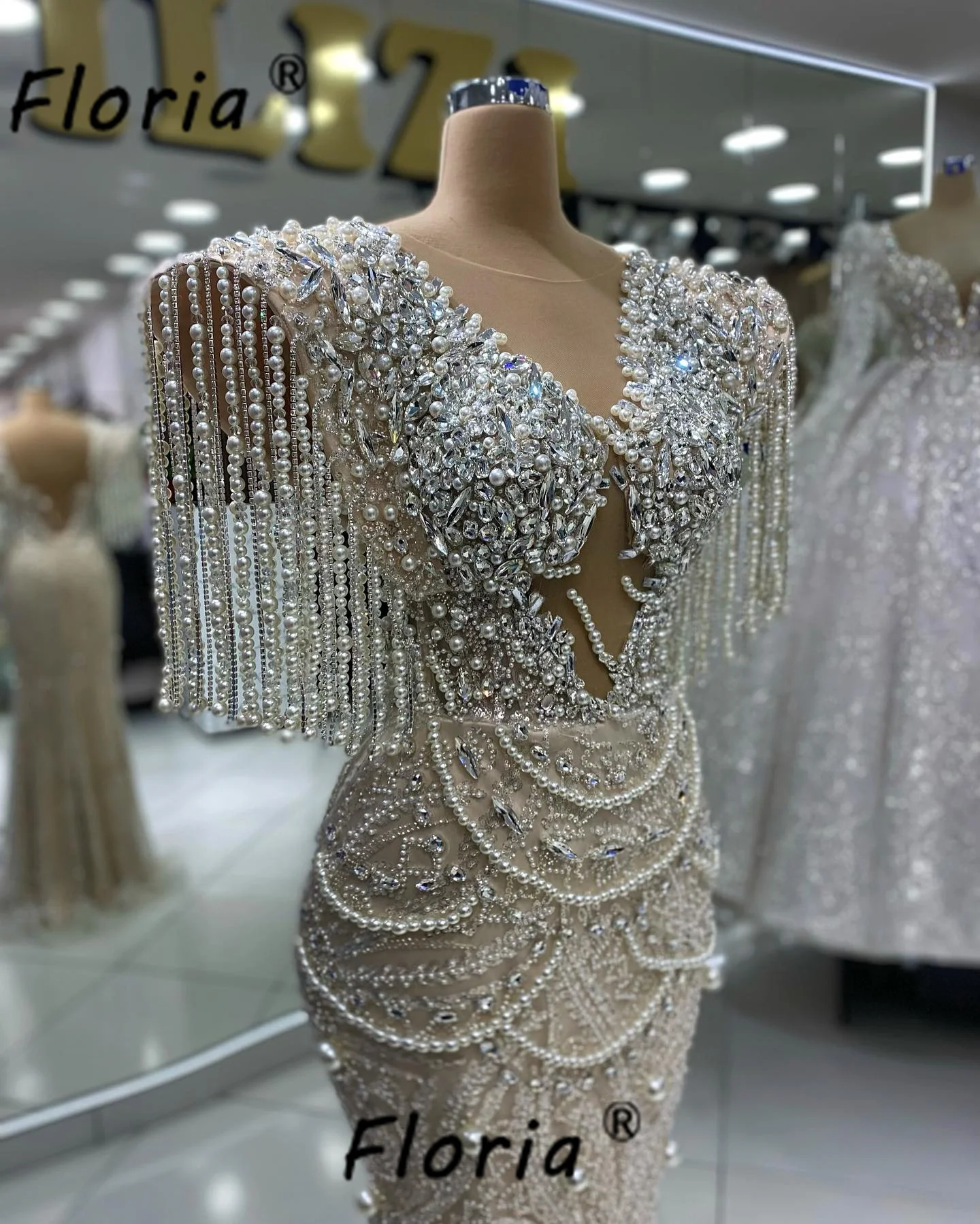 Luxury Heavy Beads Mermaid Prom Dress Champagne Full Pearls Tassels Wedding Engagement Gowns vestidos de fiesta elegantes 2025