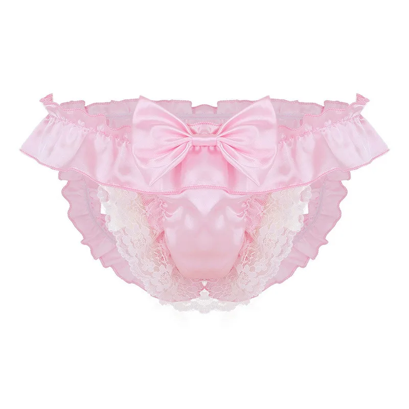 เร้าอารมณ์ผู้ชายชุดชั้นใน Sissy น่ารักหวานซาติน Bowknot Jockstrap เซ็กซี่ Lace Ruffled Hollow Out กางเกงสัมผัสก้นโป๊ทอง