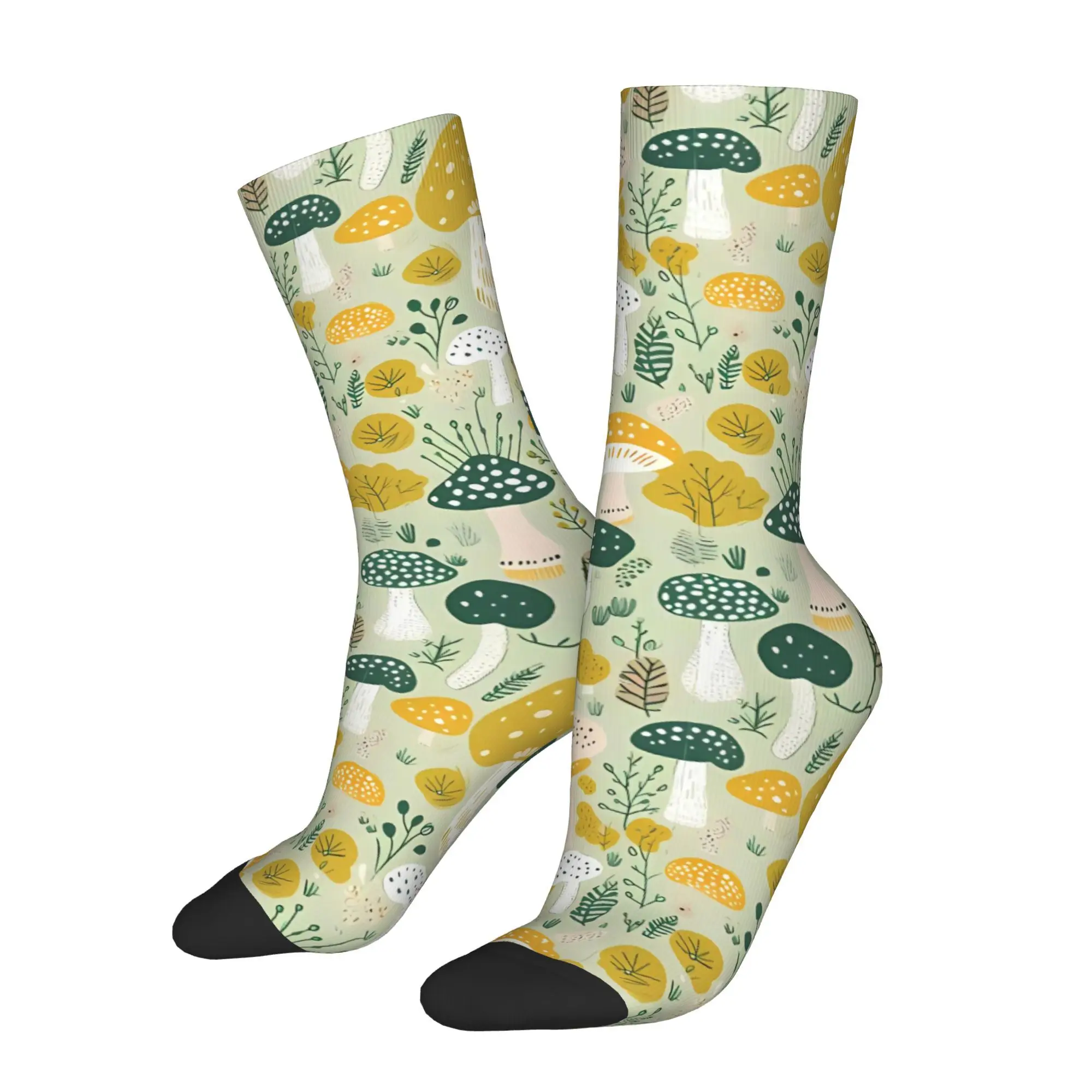 

Funny Happy Men's Socks Green Yellow Mushroom Vintage Harajuku Hip Hop Novelty Crew Sock Gift Pattern Printed