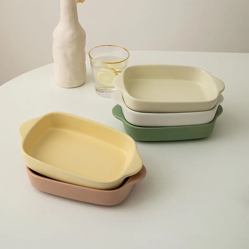 Ins Style Cream Colored Baking Tray Ceramic Plate Home Vegetable Dish Breakfast Salad Bowl Rectangular Double Ear Dessert Plates