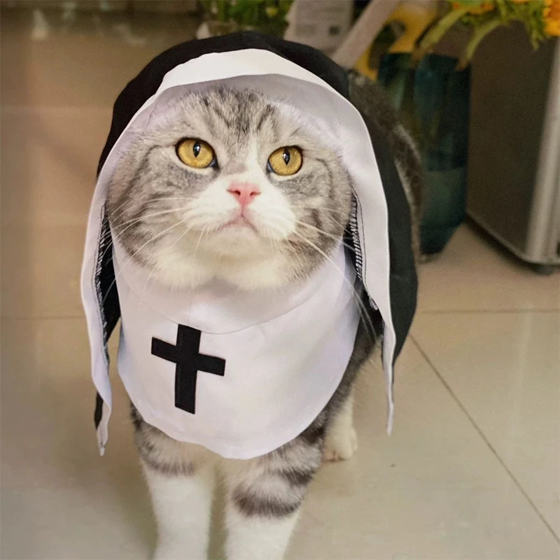 Funny Pet Cat Halloween Costumes Nun Cloak Pet Cosplay Dress Kawaii Pet Clothes Creative Pet Kitten Puppy Costumes Gifts