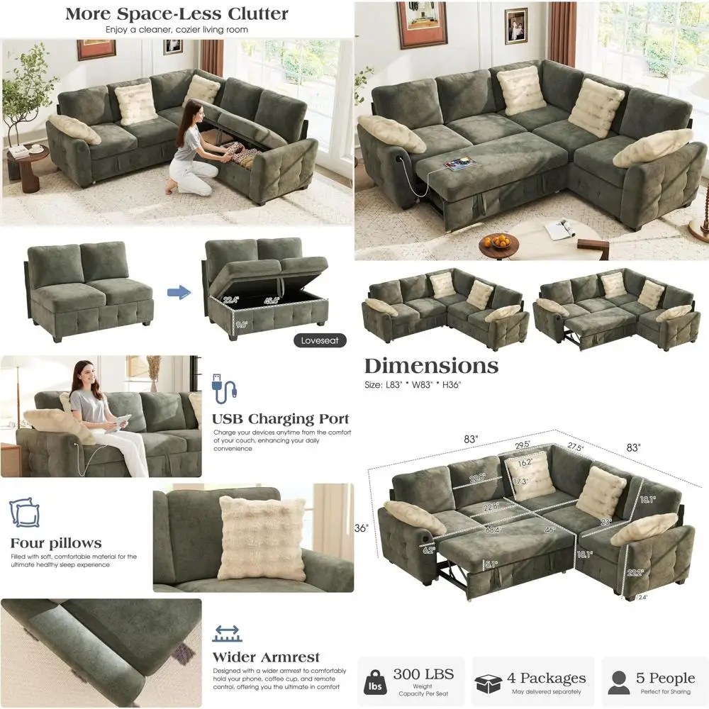 

L-Shaped Sectional Soa Bed with Storage, 5-Seater Convertible Pull Out Sleeper Soa with USB Charging Ports, 4 Pillows & Wide Arm