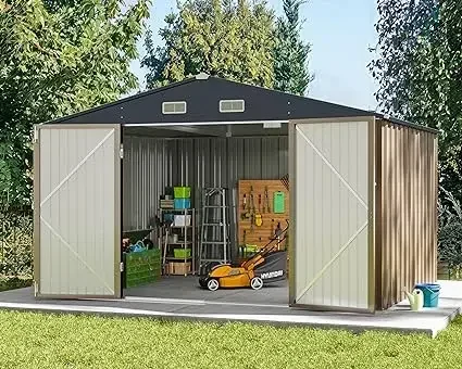 Outdoor Storage Shed, Large Garden Tool Metal Shed with Sloping Roof and Double Lockable Door Cabanons De Jardin