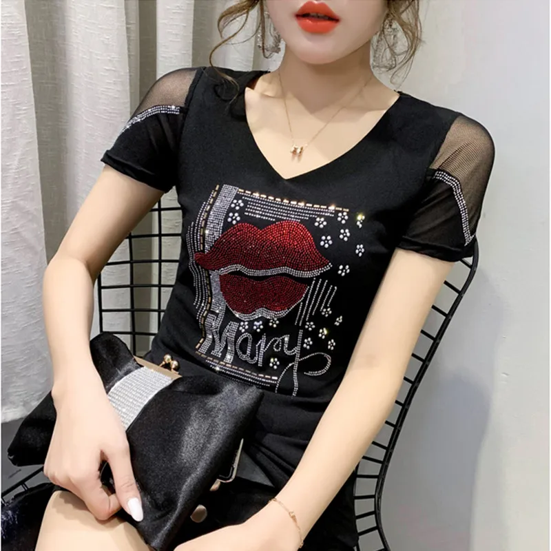 New Summer European Clothes T-Shirt Fashion Lip Diamonds Women Tops Mesh Short Sleeve Lace Sexy Back Embroidered Shirt Tees