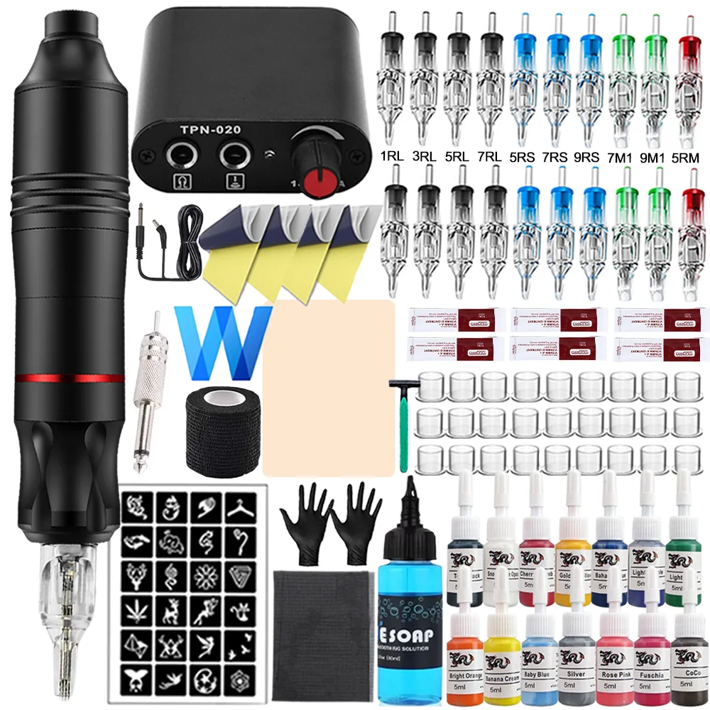 Complete Tattoo Kit Rotary Tattoo Machine Pen with 20 PCS Needles Cartridges 14 Colors Tattoo Inks Set for Tattoo Beginner