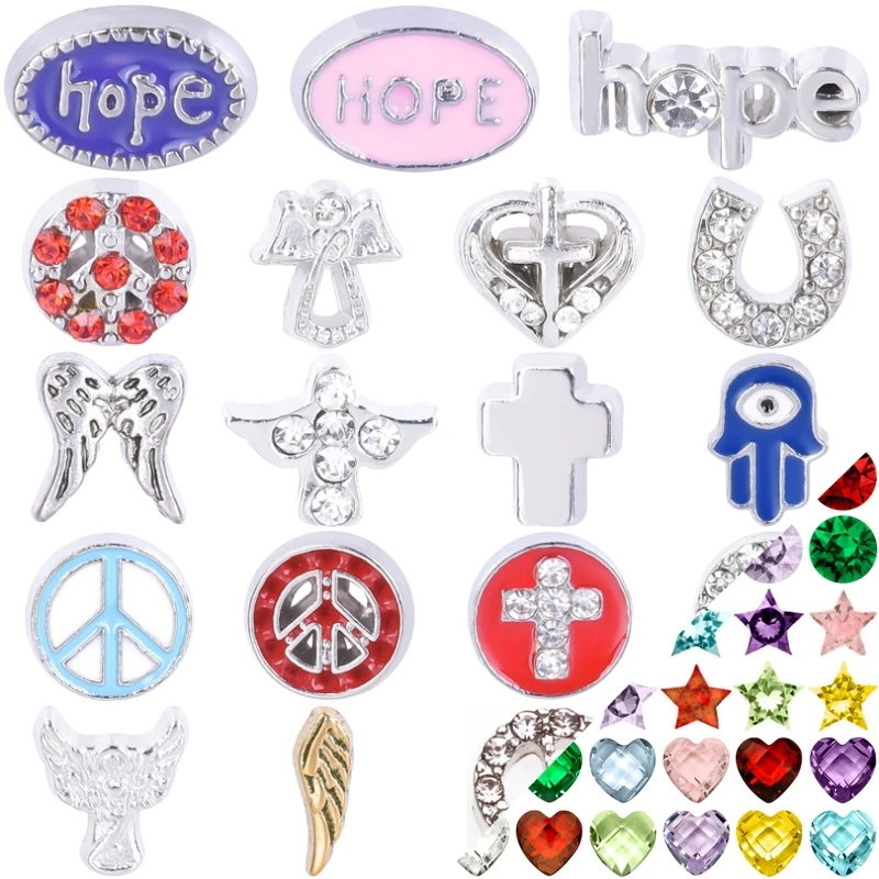 20Pcs/Lot Heart Cross Peace Symbol Letter Hope Angel Wings Floating Charms Lucky Horseshoe Evil Eye Hand Pendant Jewelry Making