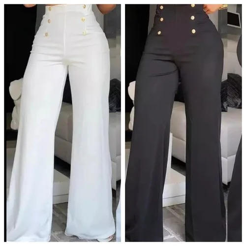 Pantalones elegantes de pierna ancha de cintura alta para mujer, pantalones acampanados simples, moda europea y americana, Verano
