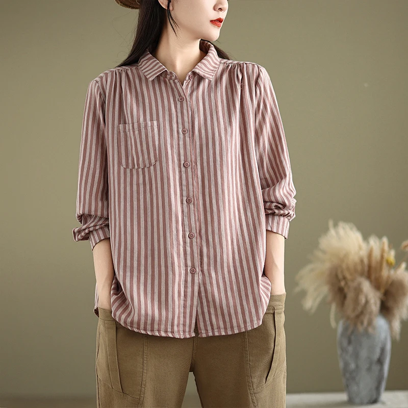 

Retro Vertical Stripes Color Woven Cotton Shirt Jacket Turn-down Collar Long Sleeve Casual Outerwear Top for Women Spring