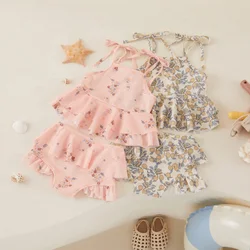 Tregren-traje de baño para niñas pequeñas, bañador con estampado Floral de limón, Tops sin mangas con volantes, pantalones cortos, 2 piezas, ropa de playa