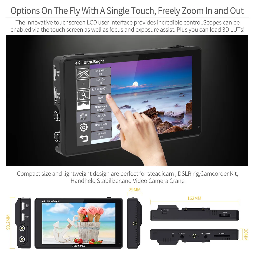 FEELWORLD LUT6S 3D LUT Touch Screen on Camera Field DSLR Monitor with HDR Waveform for Stabilizer on Camera Field DSLR Monitor