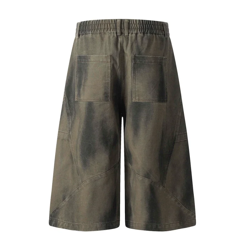 Celana Pendek Pria Musim Panas Desain Kerut Vintage Warna Pudar Model Longgar Lebar Gaya Jalanan