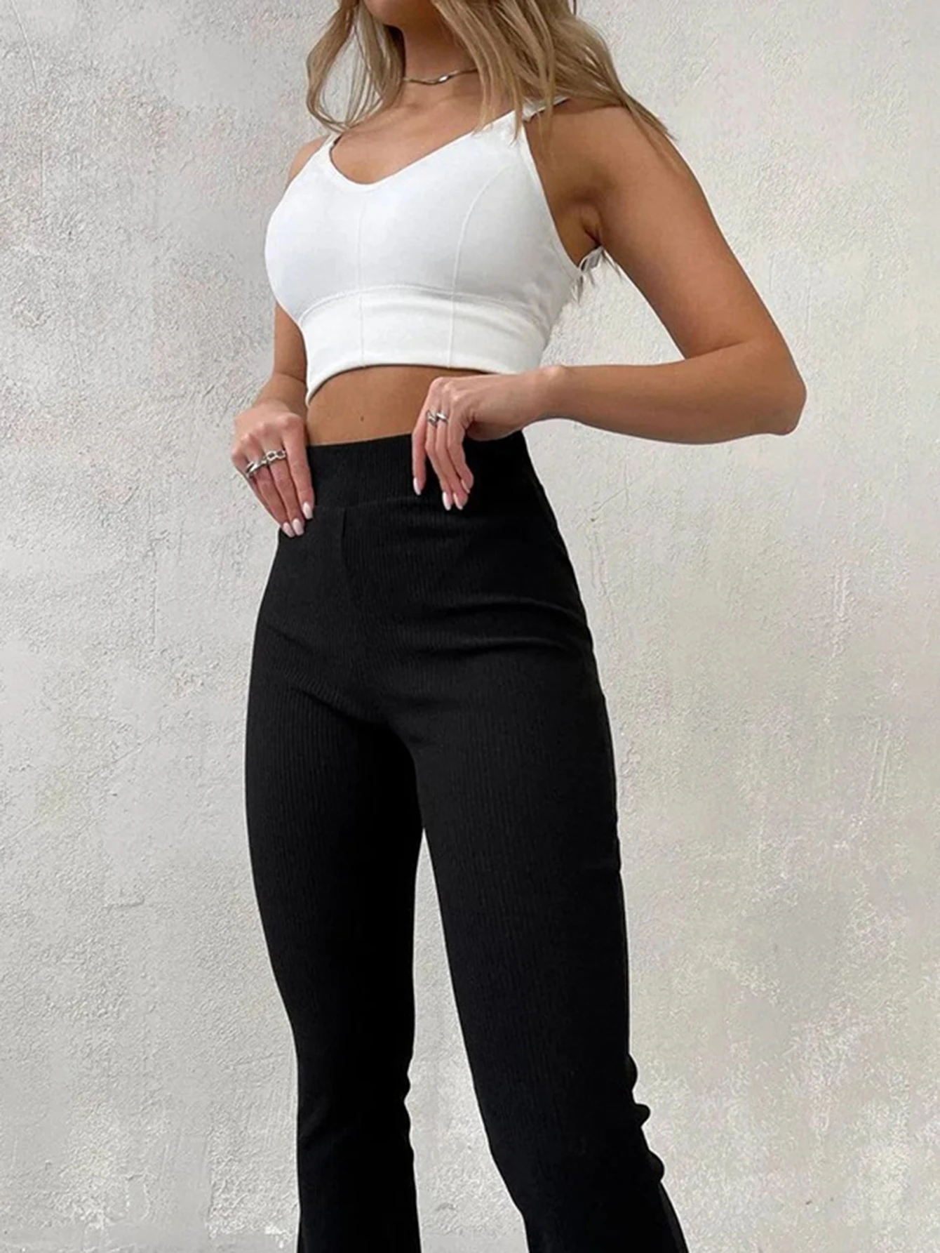 Long Pants for Women Elastic High Waist Casual Trousers Slim Knitted Solid Pants Summer