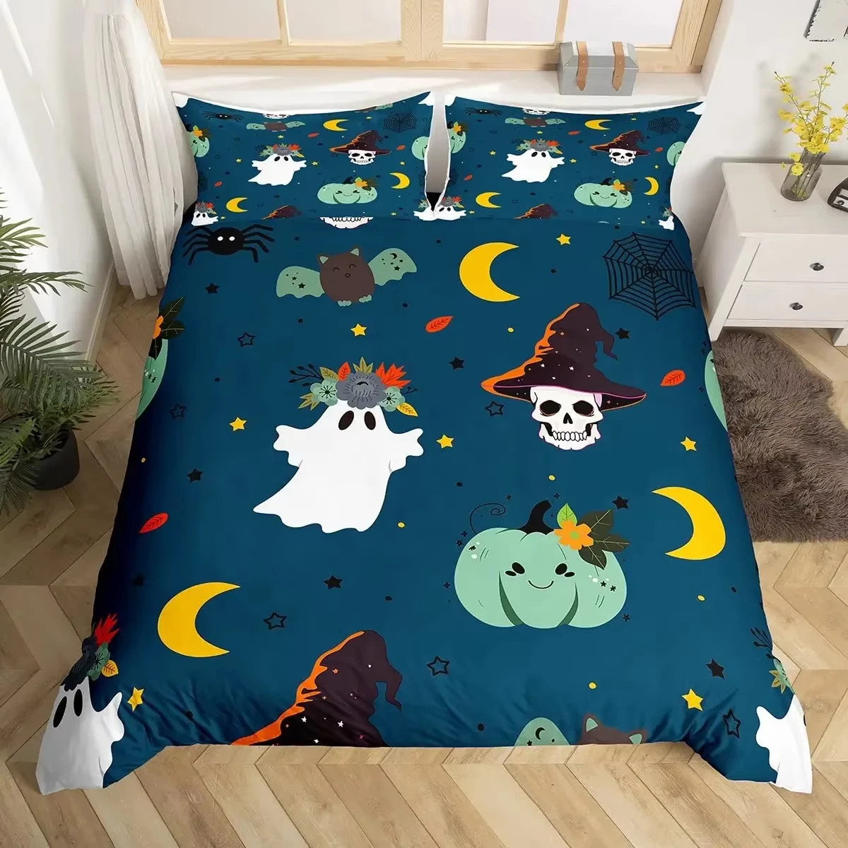 Pumpkin Duvet Cover Cartoon Witch Hat Bats Halloween Bedding Set Candy Ghost Cat Cobwebs Comforter Cover Spiderwebs Quilt Cover