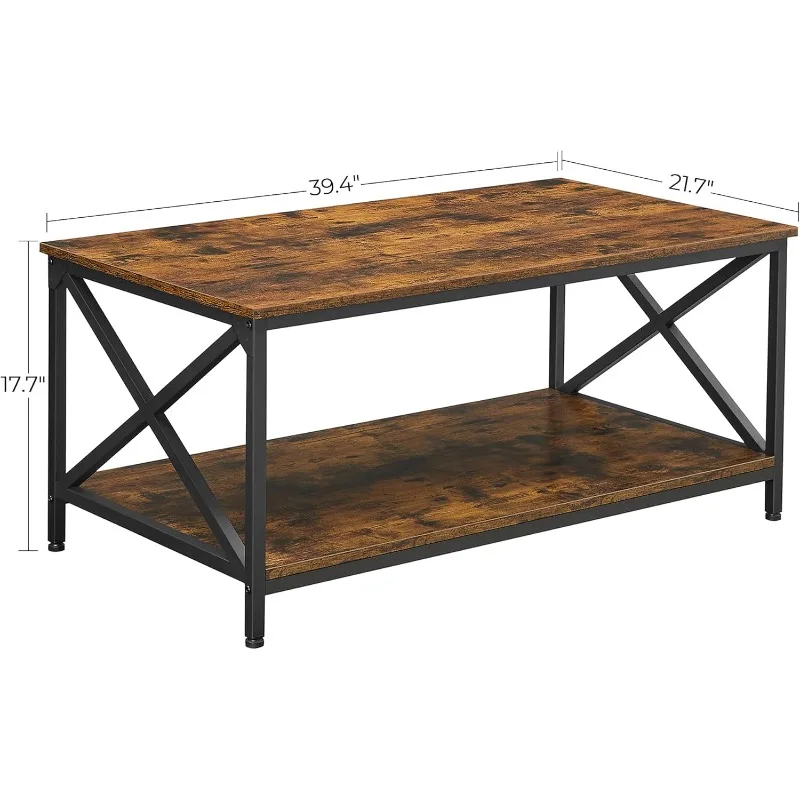 Salontafel, Cocktailtafel Met Opbergplank En X-Vormig Stalen Frame, 39.4X21.7X17.7 Inch, Rustiek Bruin En Zwart