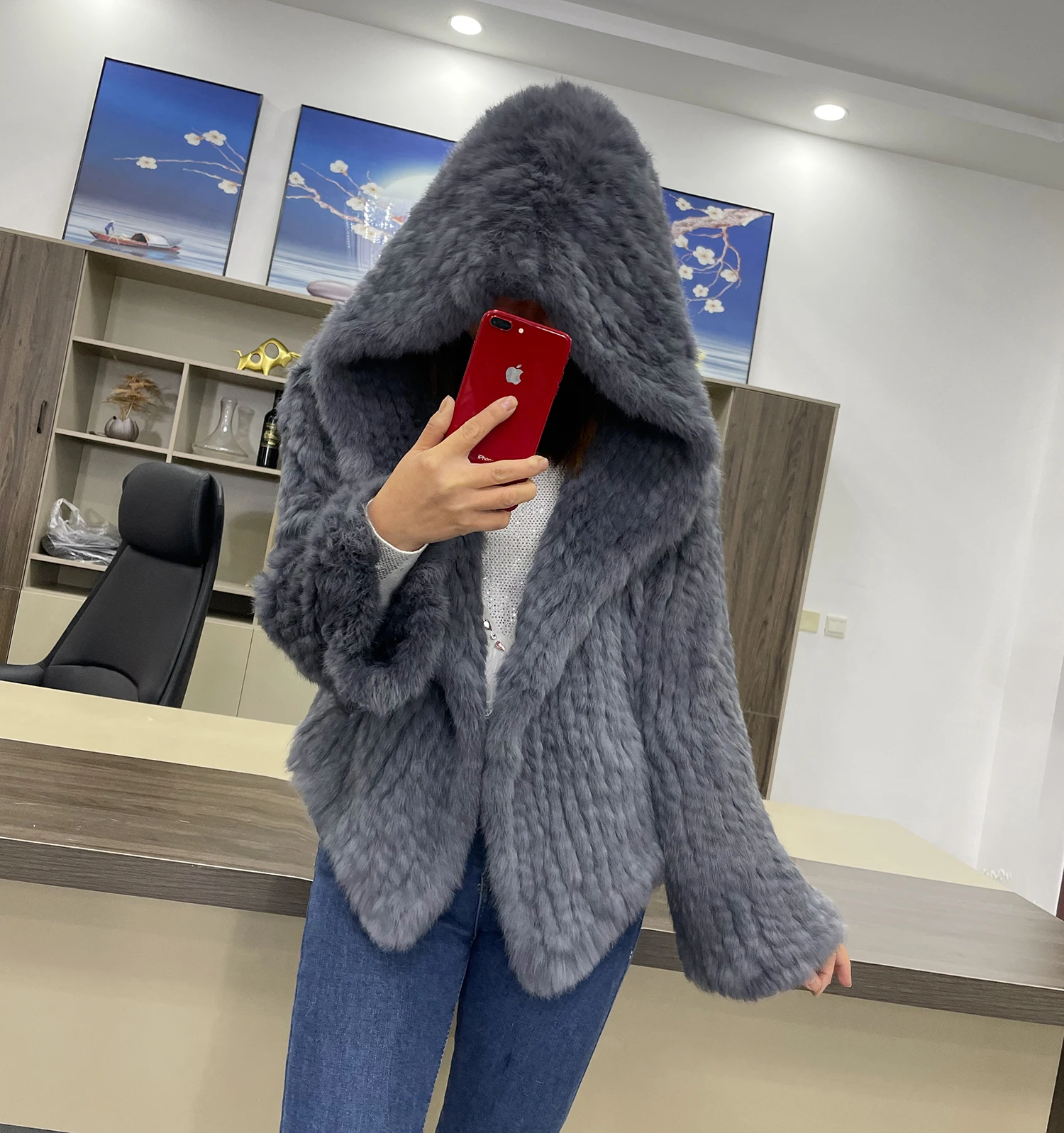 Autumn Winter Women Real Rabbit Thick Fur Coat 100% Natural Fur Warm Jacket Loose Knited Quality Luxury  Hooded Full Sleeves