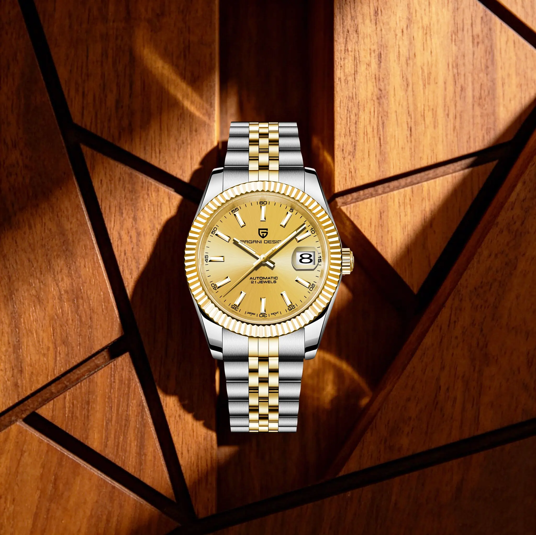 

PAGANI DESIGN High-End Retro Men's Mechanical Watches Gold Plated Stainless Steel Sapphire Date Window Waterproof Luminous Watch