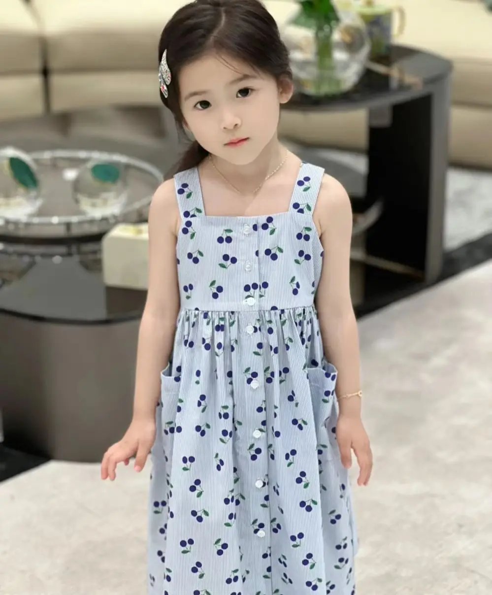 

Детская одежда для девочек, платье для девочек, платье без рукавов с вишневым принтом, синее платье-бретелька, летнее платье