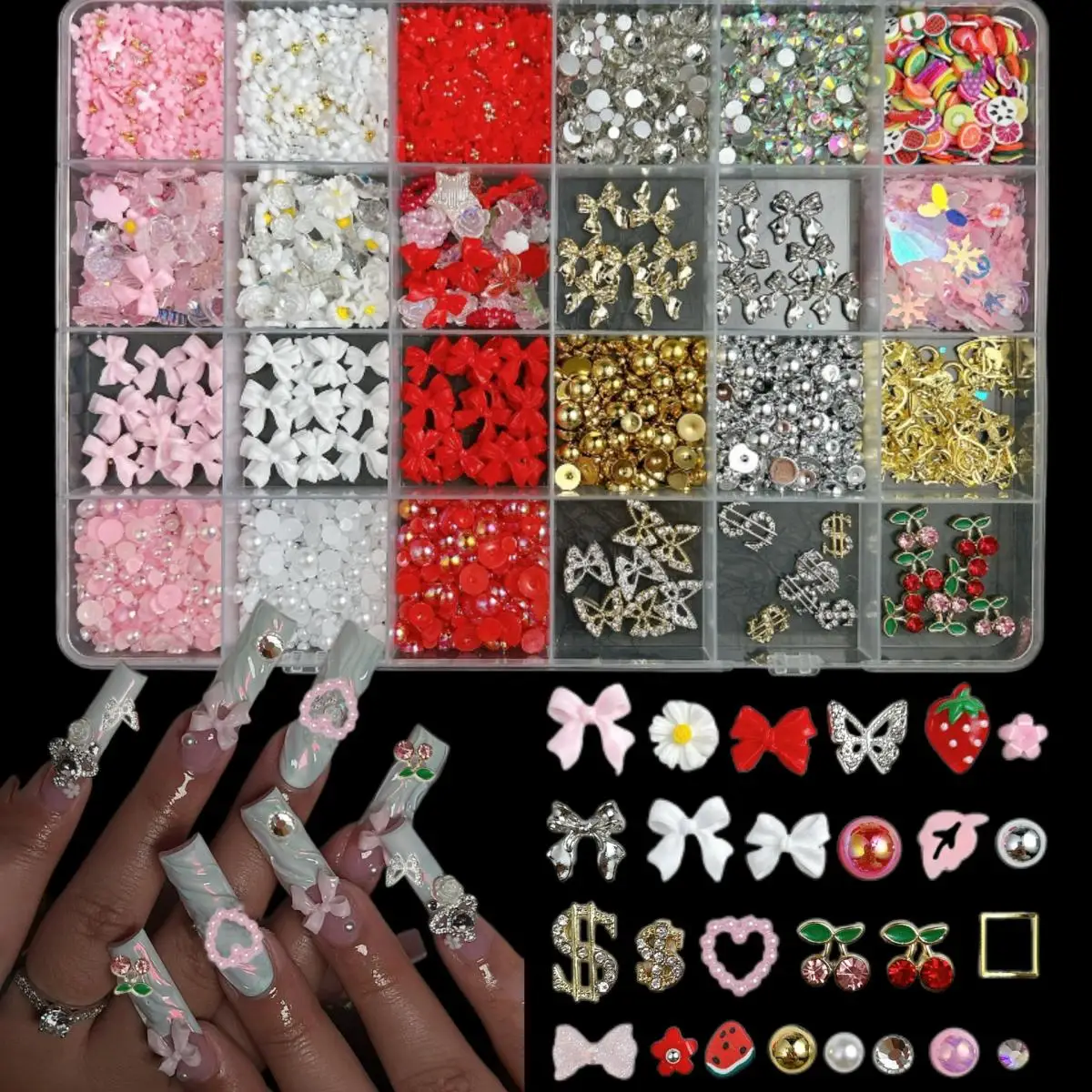 1Box Mixed Shiny Alloy Butterfly Cherry Nail Art Accessories 3D Resin 3-Color Bow Flower Simulated Pearl Nail Charms Supplies