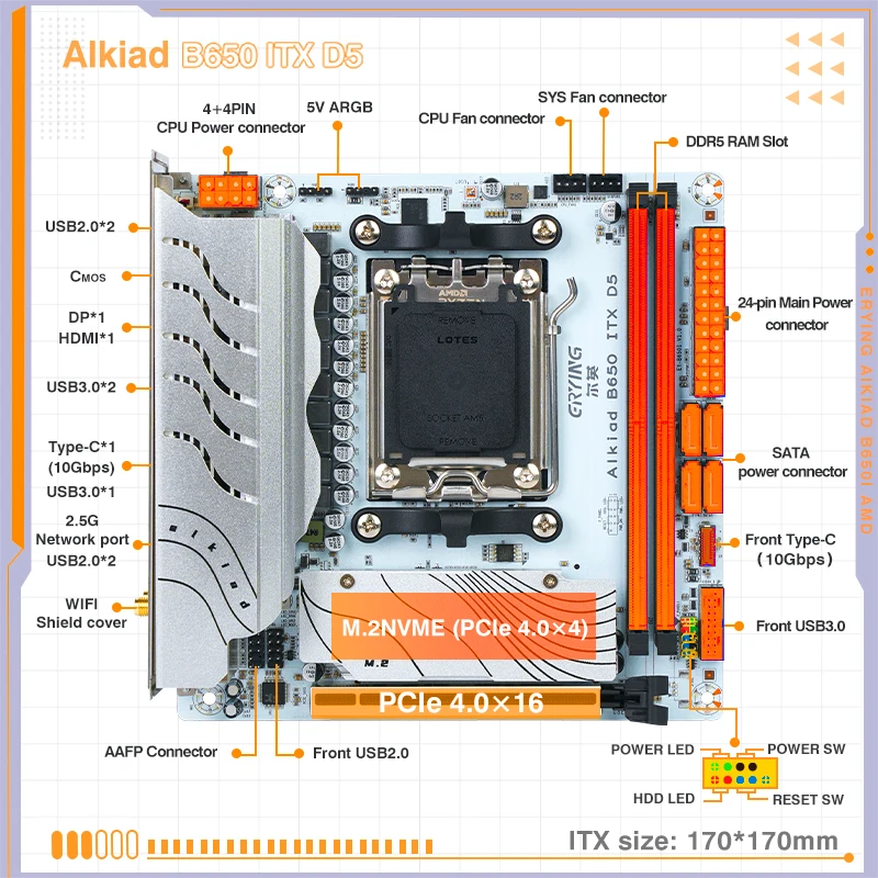 ERYING B650i 마더보드 ITX, AMD Ryzen 7000/8000/9000 시리즈 CPU, 듀얼 채널 DDR5 RAM 2 * Pcie4.0 x 4 M.2 ARGB 소켓 AM5 지원