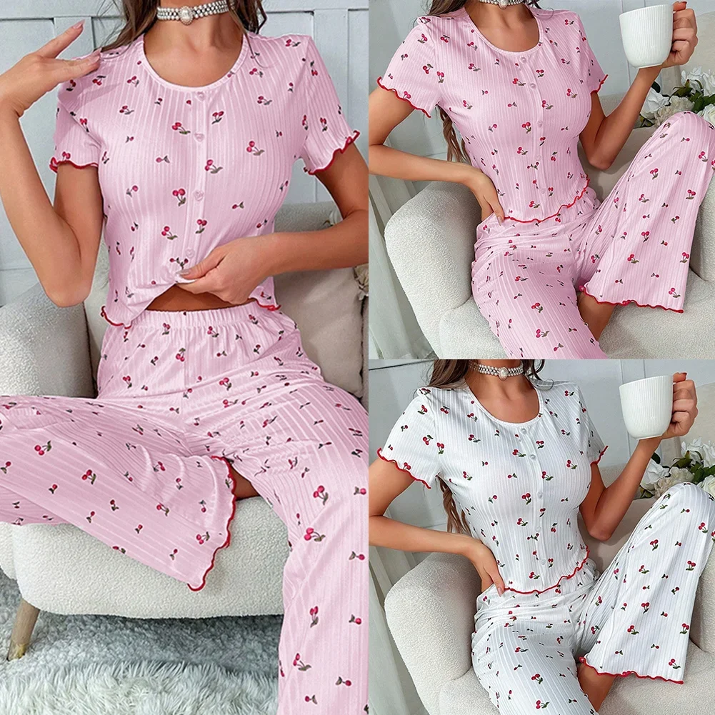 بيجامة نسائية مطبوعة بأكمام قصيرة، طقم ملابس منزلية فضفاضة، طقم ملابس كاجوال وسروال قصير، ملابس للاستلقاء #6
