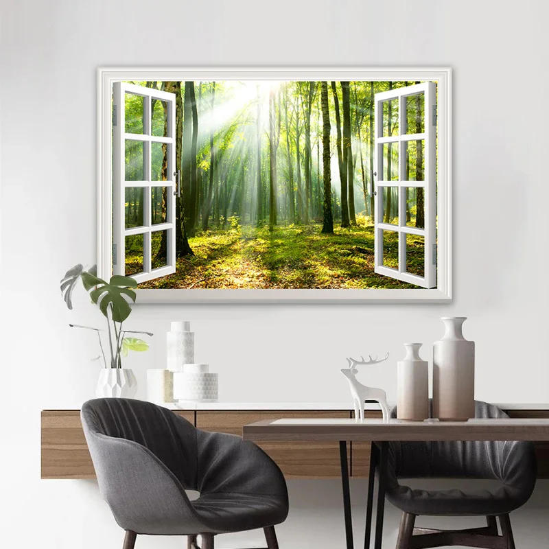 One Piece 3D Window Forest Posters Tree Sunshine Painting Canvas Print Wall Picture for Living Room Home Decoration No Frame