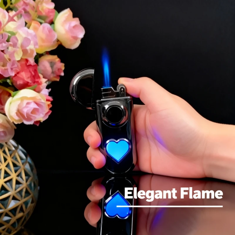 

Metal Love Design Double Flame Butane Lighter Creative LED Blue Light Transparent Gas Window Grinding Wheel Ignition for Cigars