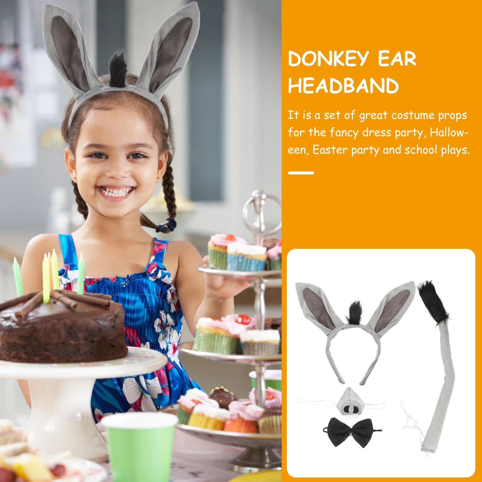 

1 set Donkey Costume Props Set Donkey Ear Headband Bowtie Nose Tail Farm Animal Halloween Accessories Kids Party Easter Hair