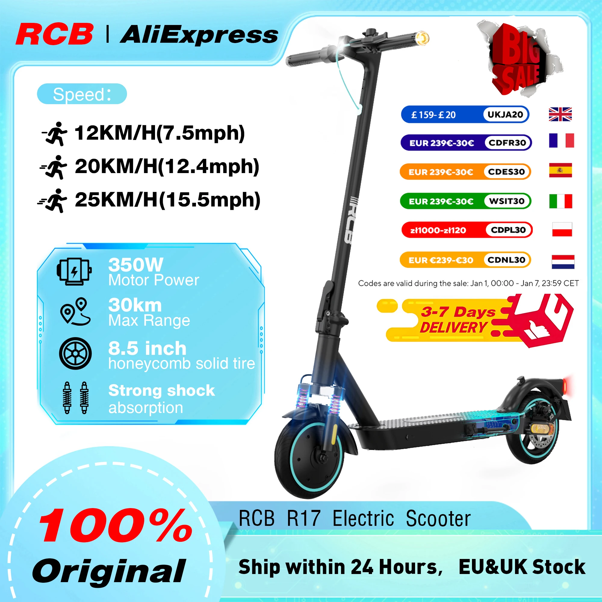 RCB Electric Scooter Adult,Long-Range E-Scooter,Max 25km/h,Comfortable Shock Absorption,APP Connectivity