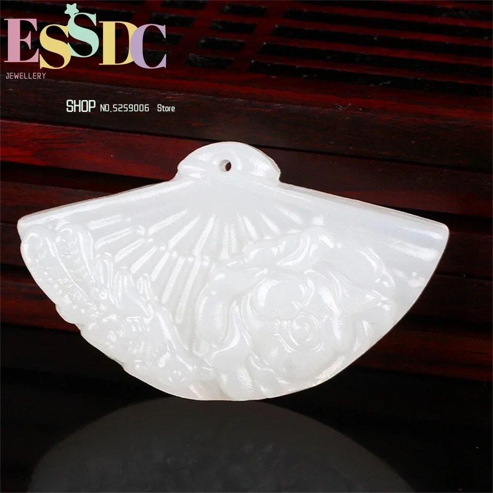 Natural Chinese White Hand Carved Fan Pendant Fashion Boutique Jewelry Men's and Women's Magpie Peony Necklace Popular Gifts