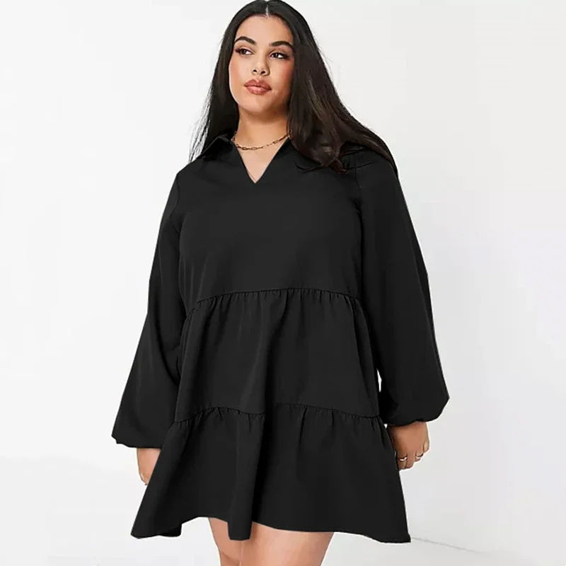 Plus Size Summer Spring Elegant Tiered Shirt Dress V-neck Long Sleeve Loose Smock Dress Female Large Size Work Office Dress 7XL