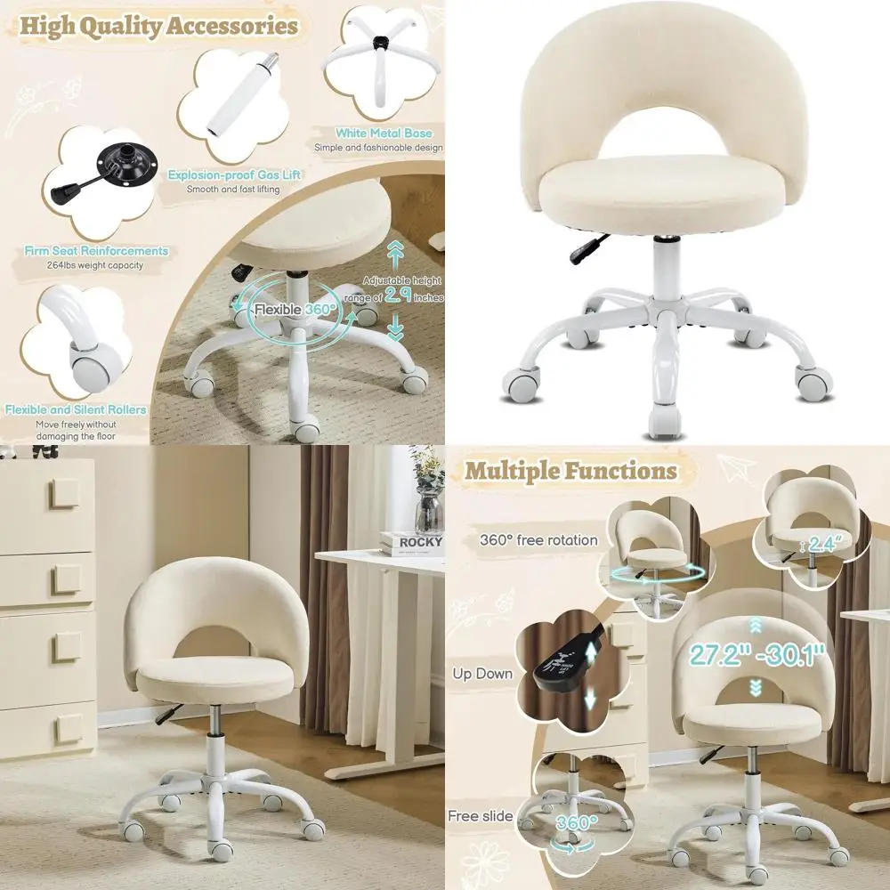 

Compact Swivel Chair with Wheels for Girls: Stylish Adjustable Height Armless Desk Chair in Linen Light Yellow for Study, Makeup