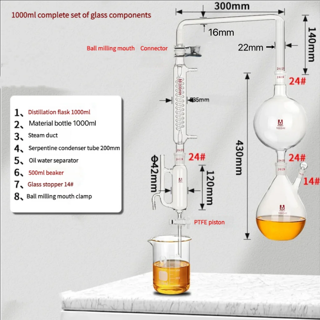 อุปกรณ์สกัดกลั่นน้ํามันหอมระเหยขนาด 1000 มล. อุปกรณ์กลั่นไฮโดรโซลคอนเดนเซอร์ Graham