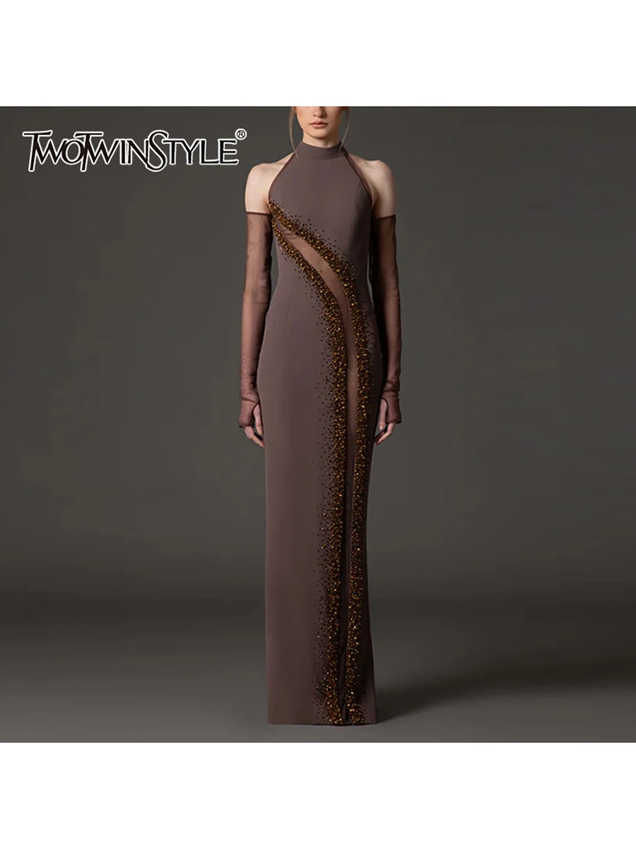 

TWOTWINSTYLE Slimming Spliced Beading Luxurious Dresses for Women Round Neck Long Sleeves Sheer Patchwork Mesh Dress Female New