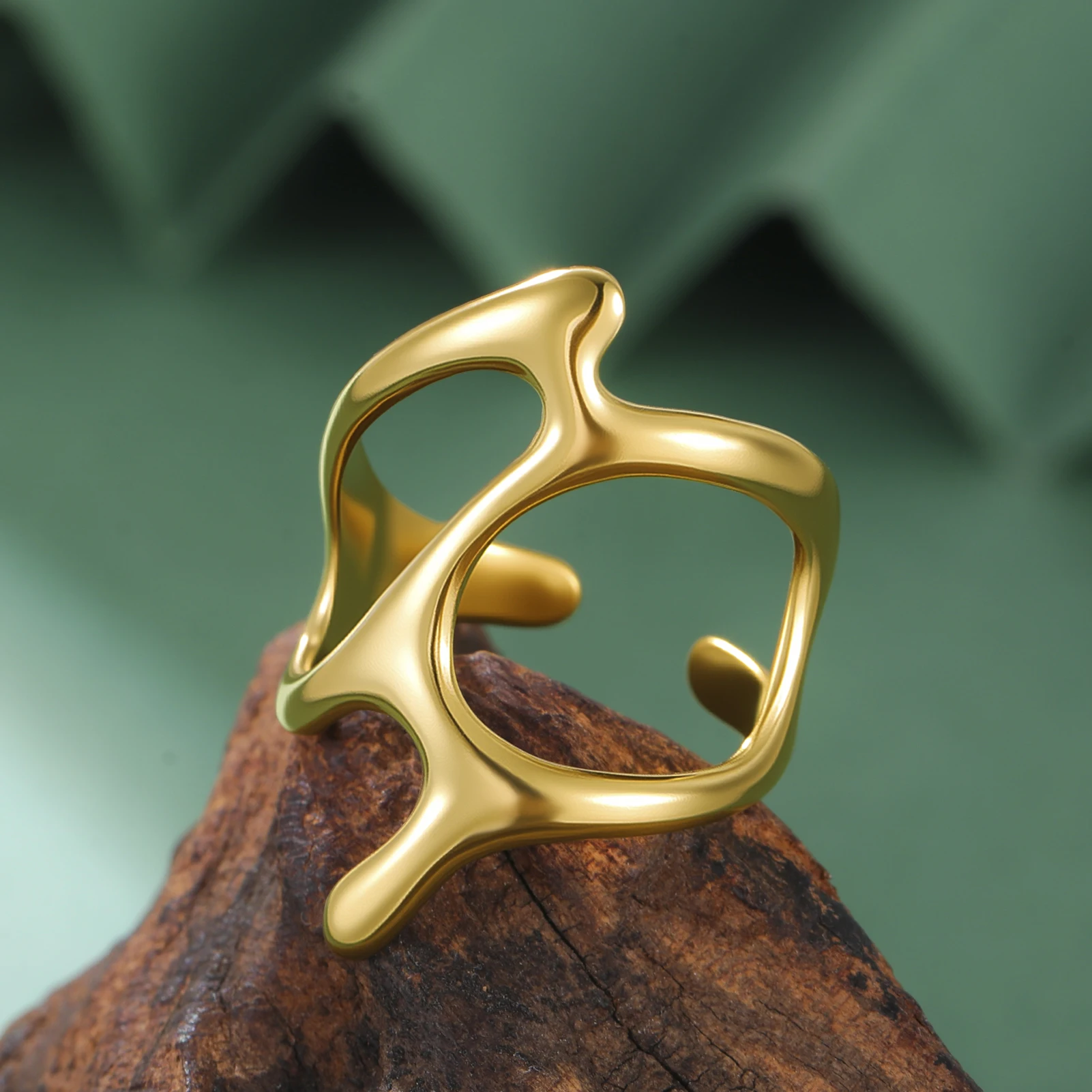 COOLTIME Edelstahl Wasserdicht Ring Mode Vergoldet Unregelmäßige Hohl Offene Ringe Multi-schicht Anillos Schmuck – Detail 4