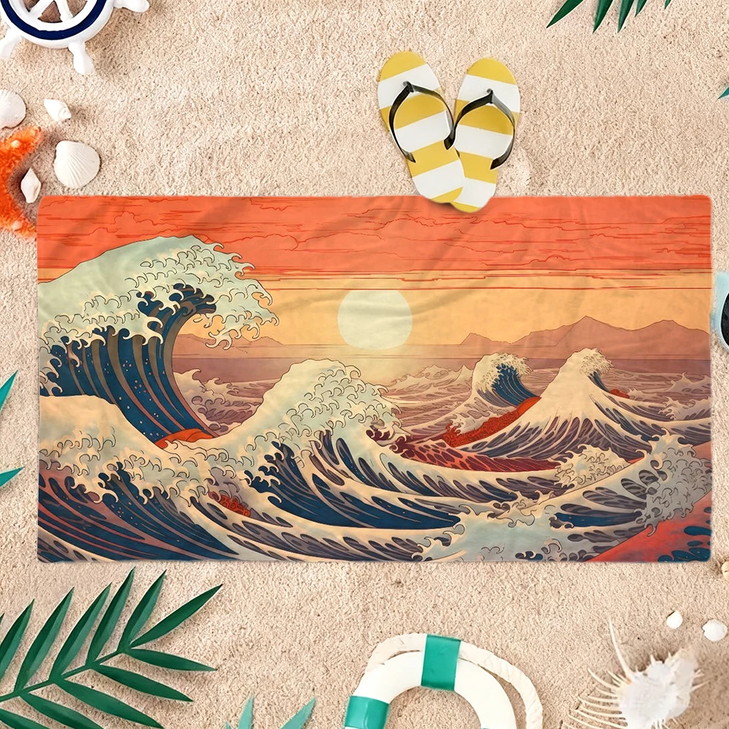 Toalha de praia japonesa Ukiyo-e Red Sun, toalha de praia grande, super absorvente, adequada para praia, piscina, camping, presente de verão para amigos