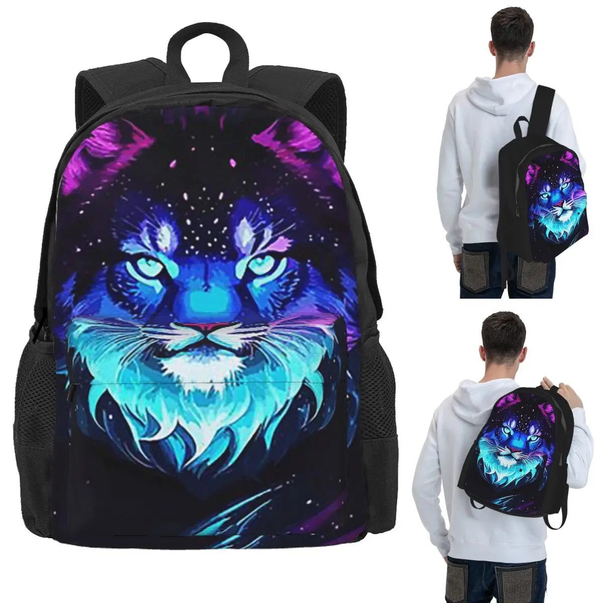Cosmic Neon Tiger Spirit Space Galaxy Wolf Lion Face Student Backpack School Bag Hiking Travel Daypack Bookbag Shoulder Bags