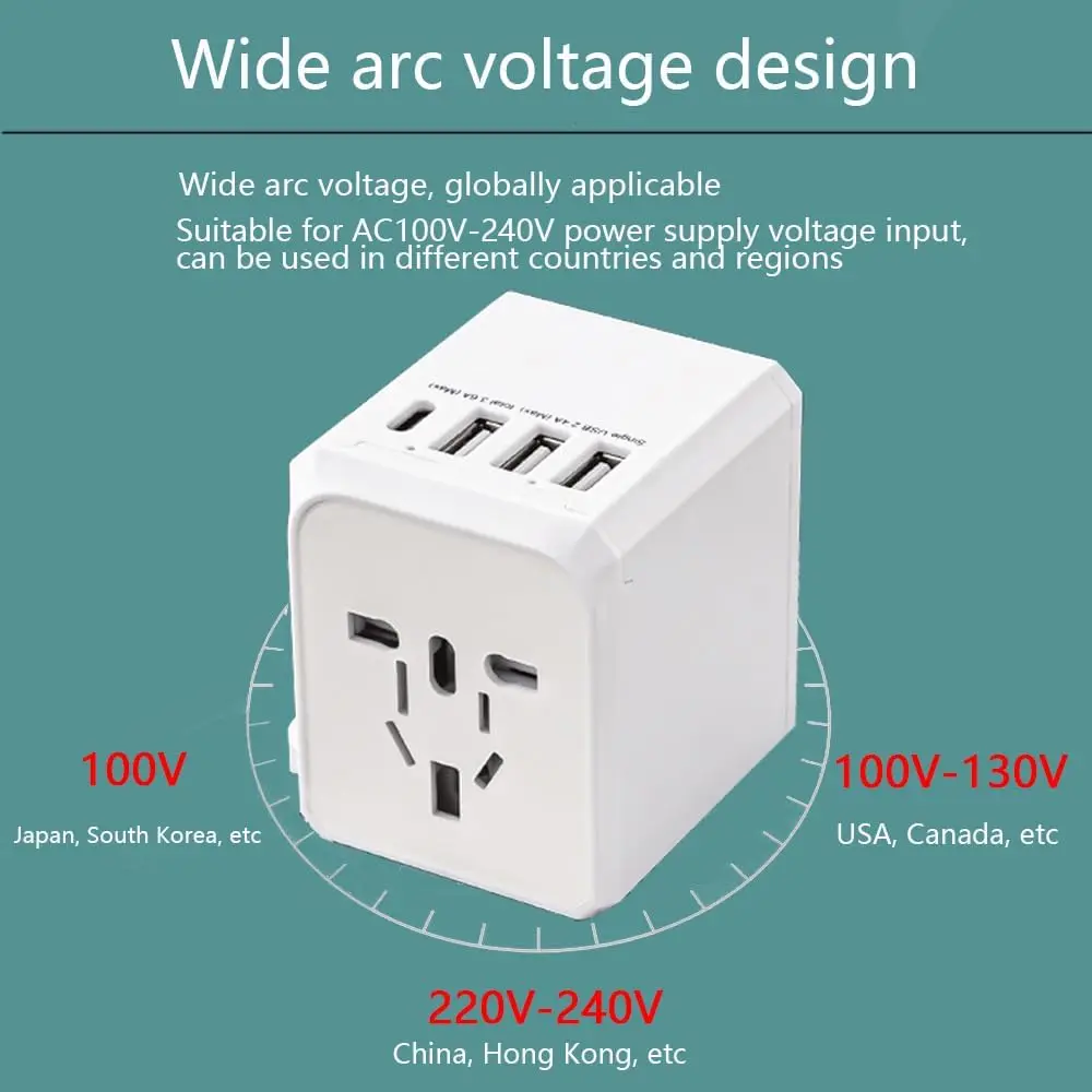 Travel Power Adapter with 3 USB A 1 USB C Portable Quiet Travel Voltage Converter for Hairdryer Phone Camera Watch for US EU UK