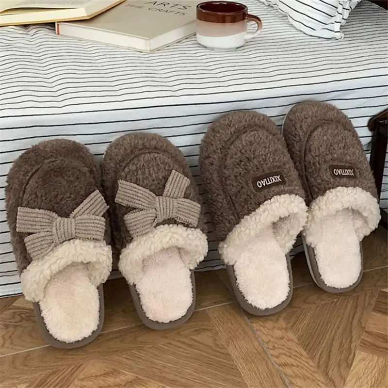 Cute Bowknot Women Winter Plush House Slippers Flats Non‑Slip Super Soft Warm Indoor Floor Shoes