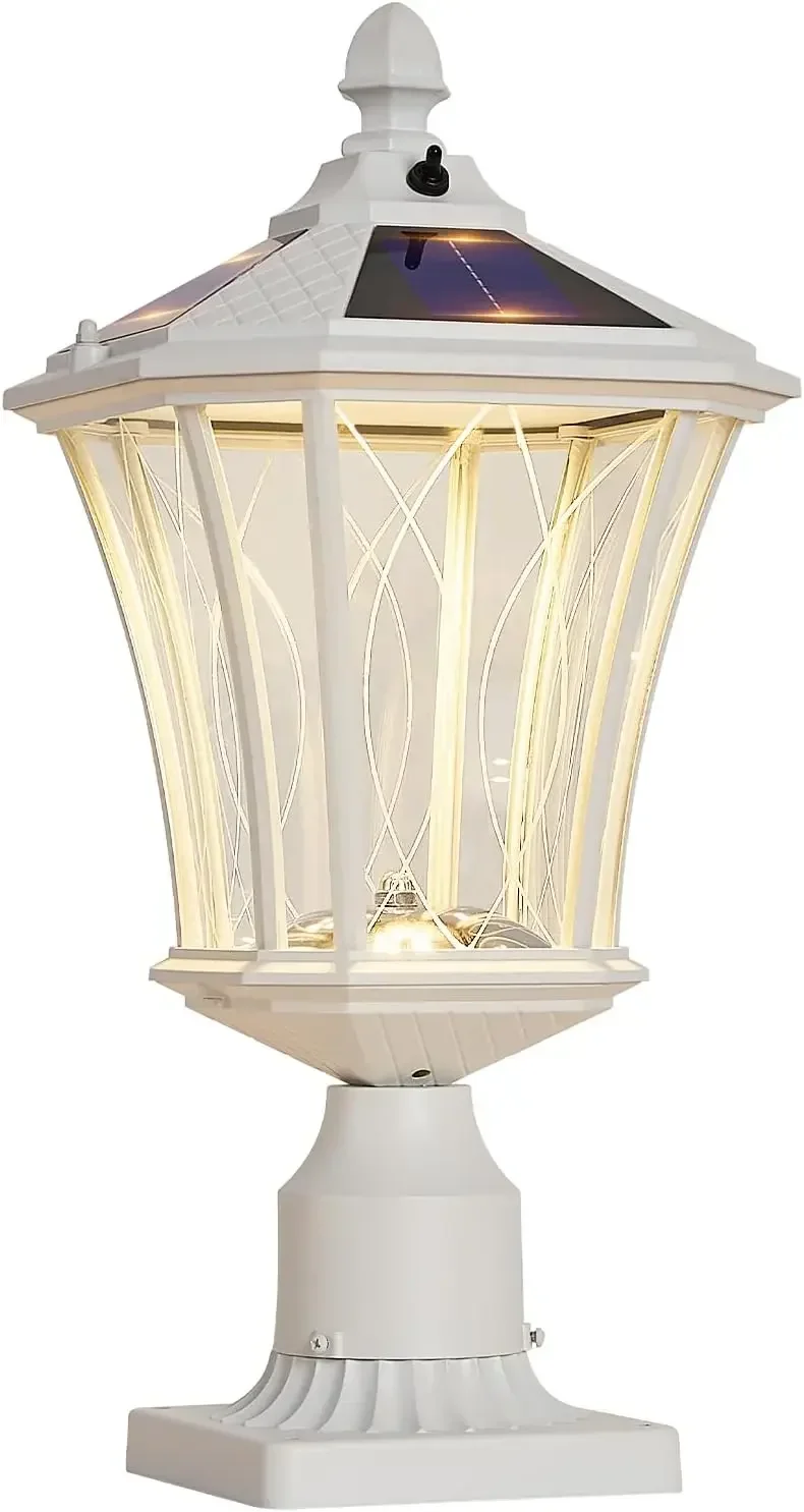 Hot SalesOutdoor Solar Post Lights With Pier Mount Base, White Dusk To Dawn Pillar Lamps With Patterned Glass, Waterproof Exteri