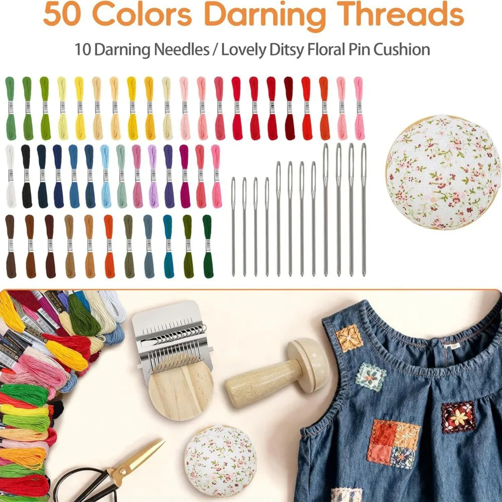 Mini Darning Loom Mushroom Knit Patch Kit with 14 Hooks Small Weaving Loom for Handmade Sewing Mending DIY Craft Supplies