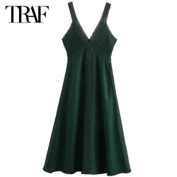 TRAF Women Solid Corset Sleeveless Dress Summer 2024 Lace Slip Dress Ladies Midi V-Neck Long Vestidos Elegant Casual Beach Dress