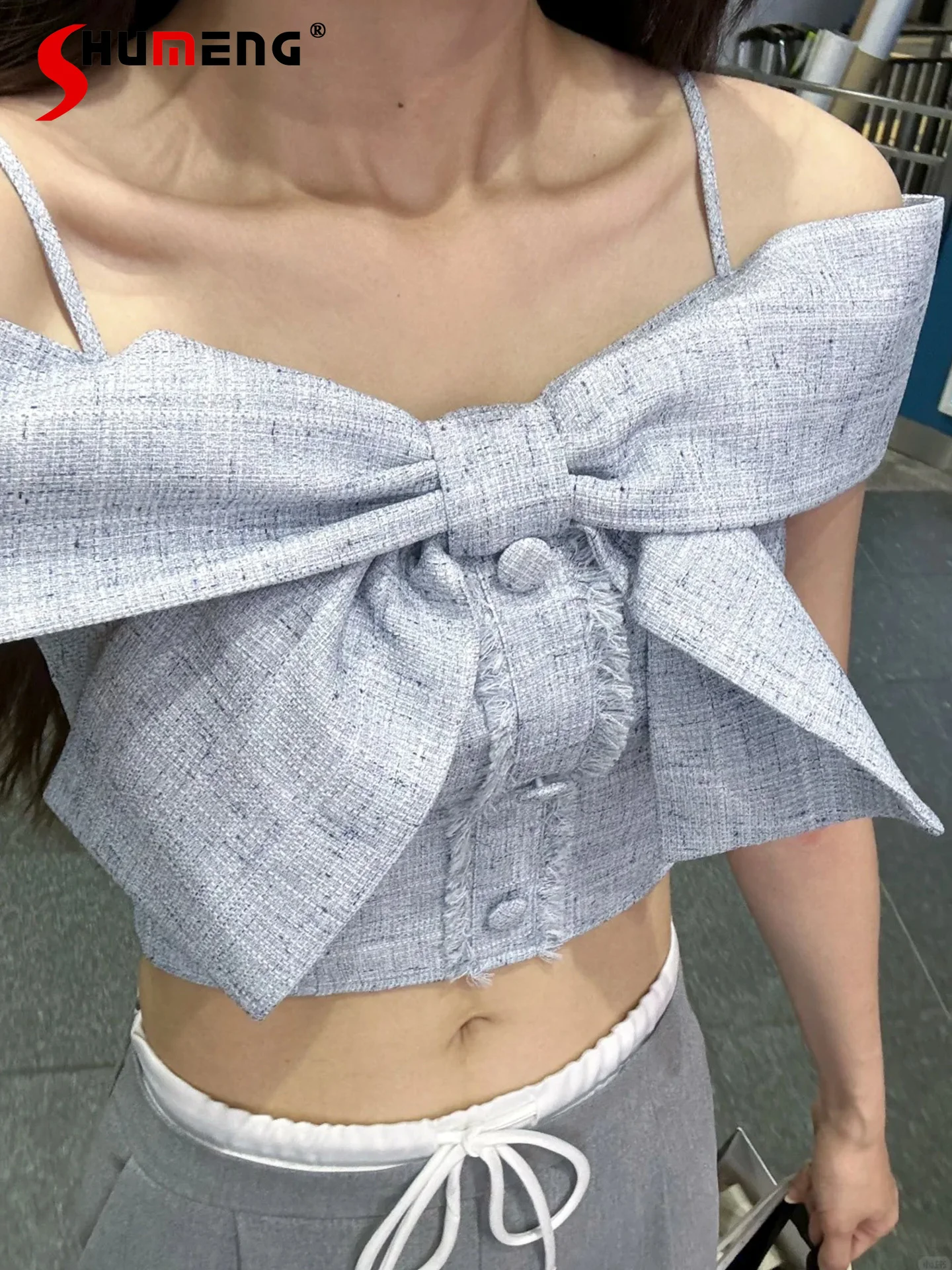 

Japanese Style Elegant Temperament Simple Crop Tops Off-shoulder Big Bow Single-breasted Slim Versatile Sweet Short Shirts Women