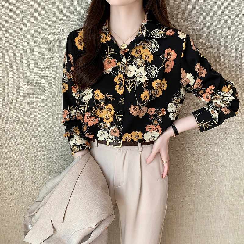 Women Spring Korean Fashion Loose Printing Appear Thin Polo-Neck Long Sleeve Shirts Women Clothes Casual All-match Elegant Tops